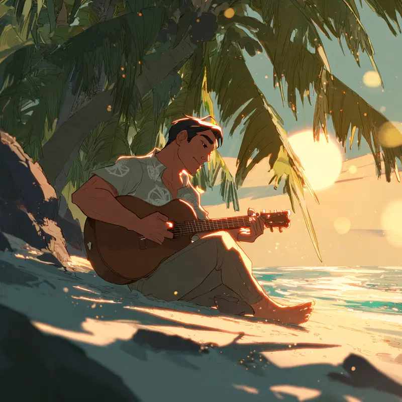 Serene beach scene with a man playing guitar at sunset under palm trees