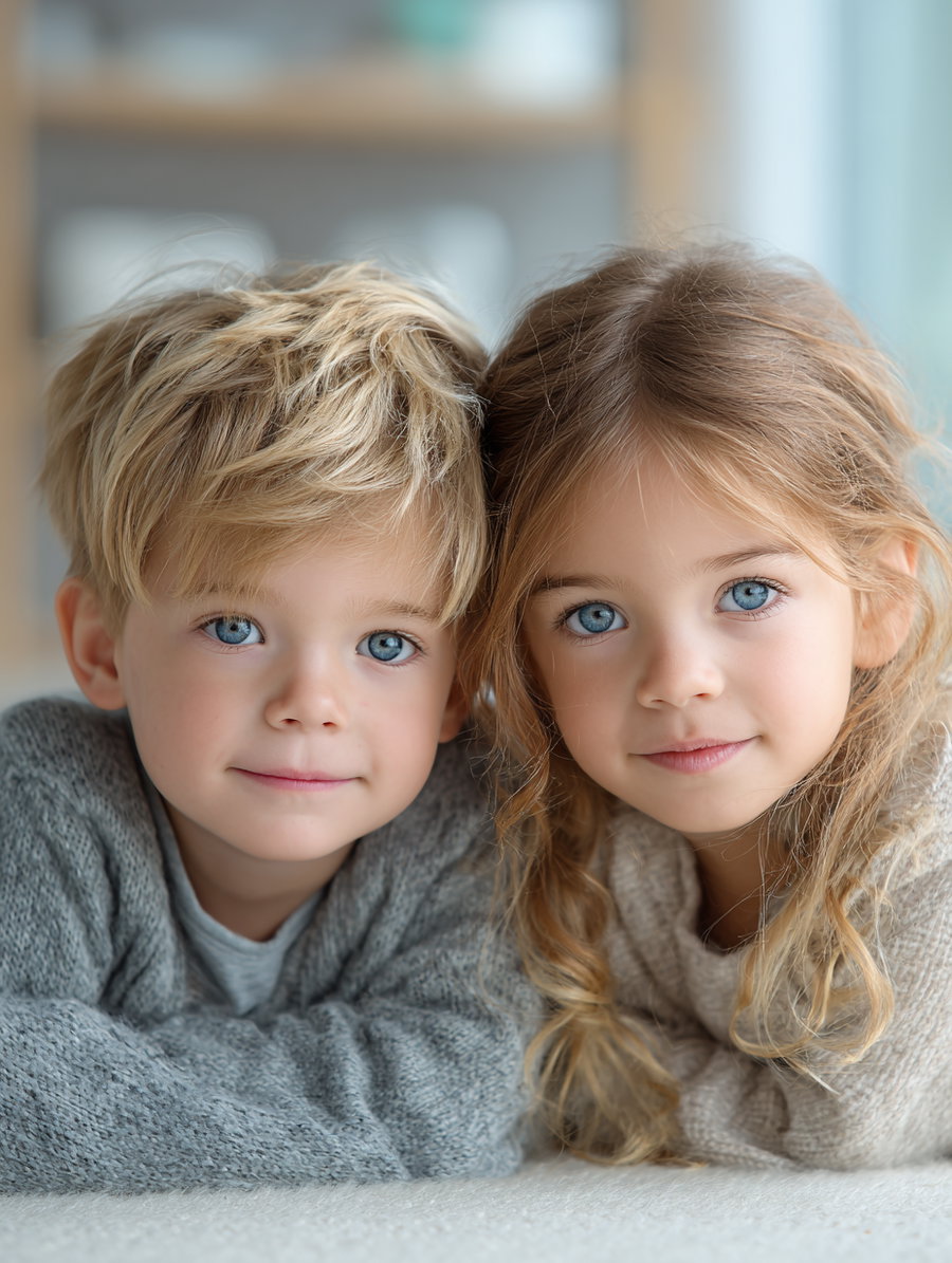 Close-up of a young blonde boy and a girl with light brown curly hair, both with bright blue eyes, lying closely side by side indoors