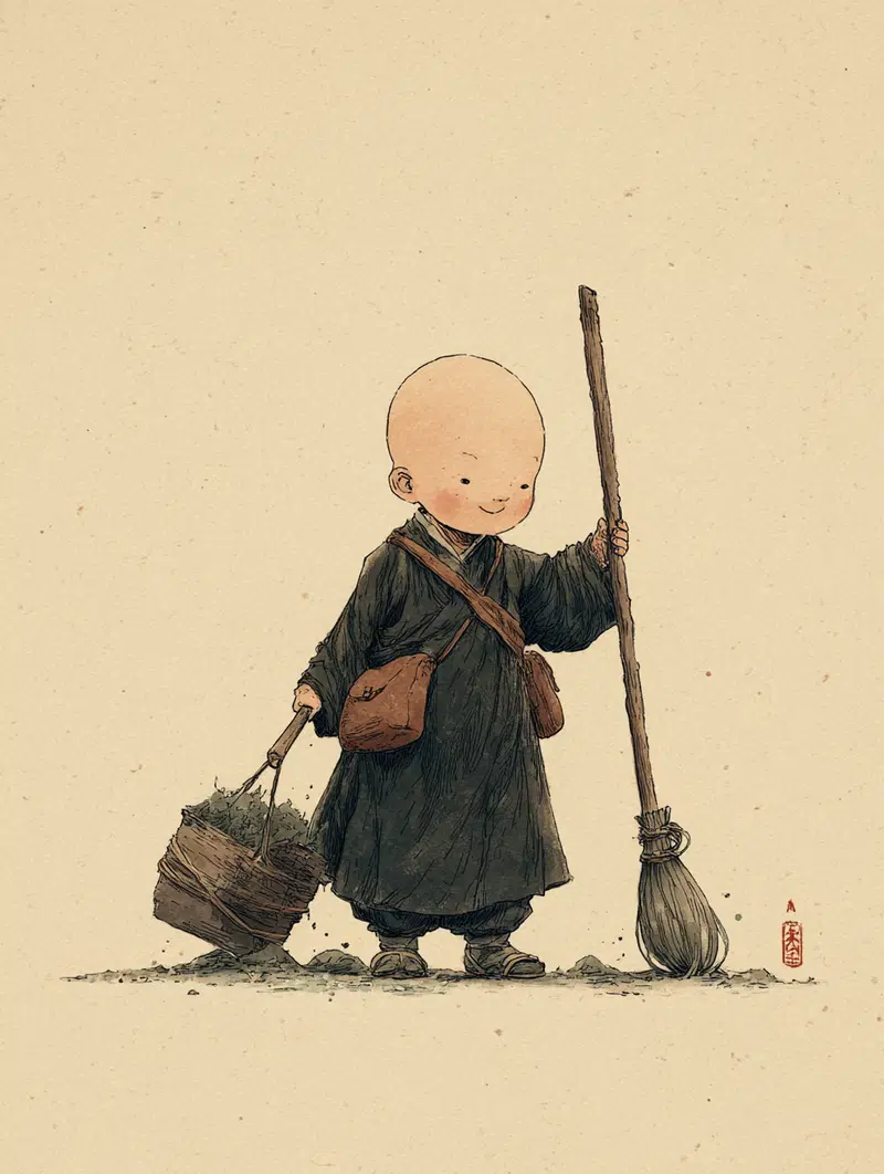 Charming Japandi Style Illustration of a Little Monk Sweeping with a Basket