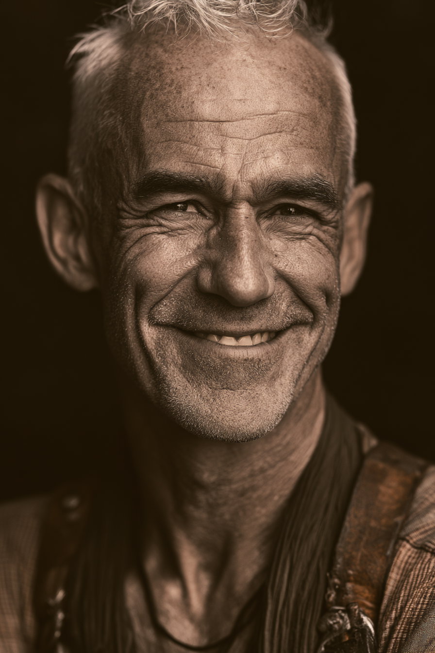 Portrait photo of a middle-aged man with gray hair, smiling, showing wrinkles and dimples, wearing a textured shirt and leather suspenders against a dark background