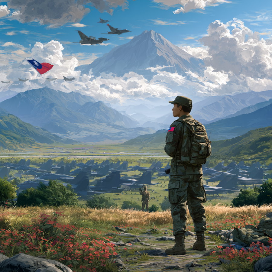 A soldier in military uniform with a backpack stands on a grassy hill overlooking numerous military jets and helicopters on a large airbase, distant mountains, and a bright sky with clouds.