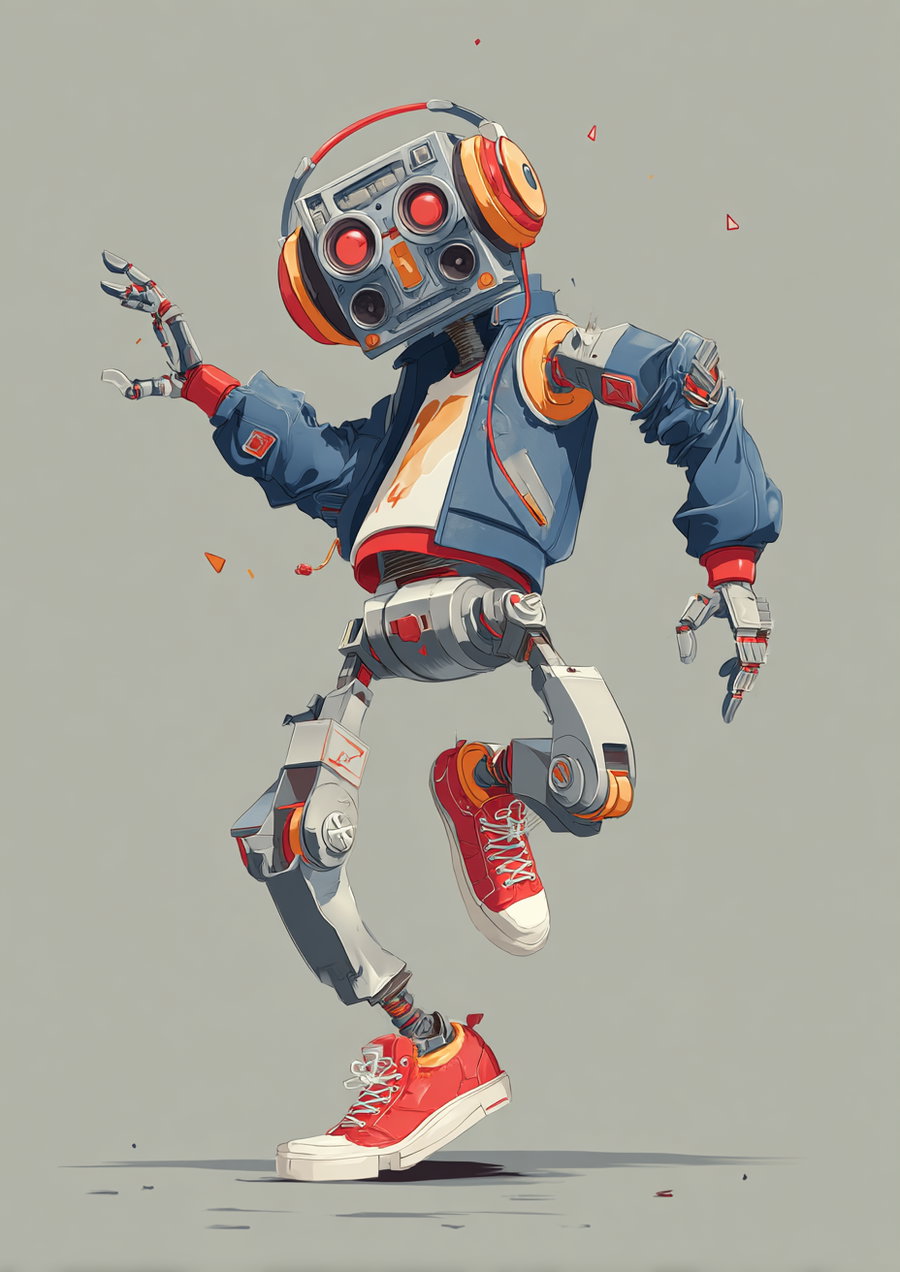 A stylized robot wearing a blue jacket and red headphones dancing with one foot raised, against a plain gray background.
