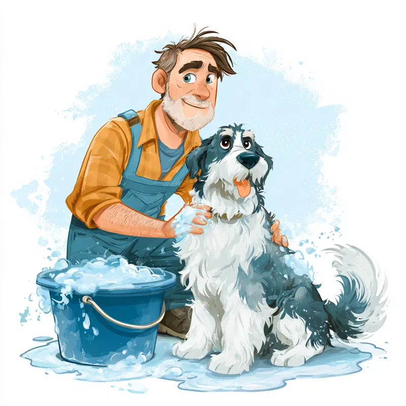 Whimsical illustration of a man bathing a cheerful fluffy dog with soapy water