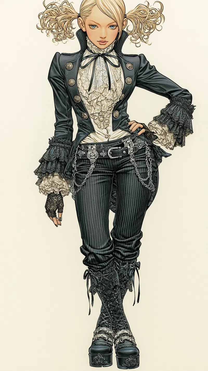 Detailed illustration of a young woman in dark academia inspired Victorian style attire