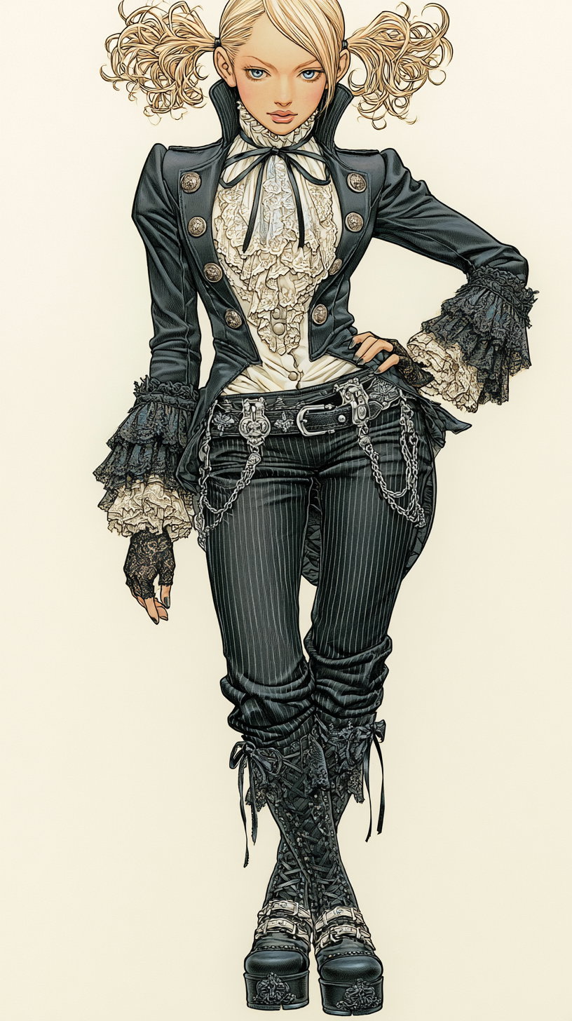illustration of a young woman with blonde hair styled in pigtails, wearing a high-collared black jacket with ruffled lace sleeves and a white ruffled blouse, black pinstripe pants with chains, and black lace-up platform boots
