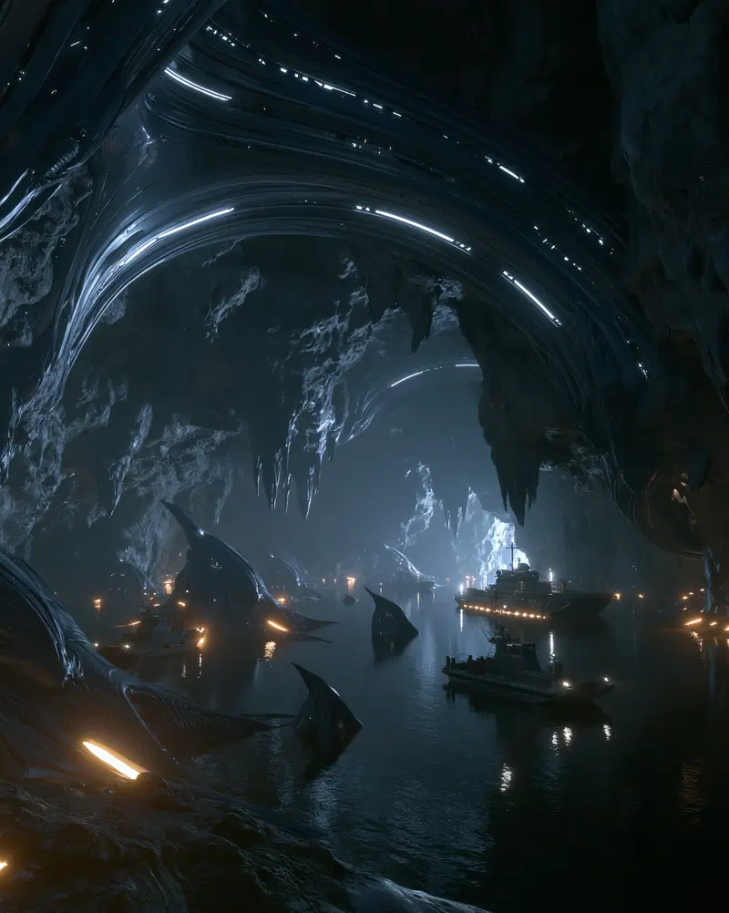 Futuristic moody cave interior with illuminated water and boats