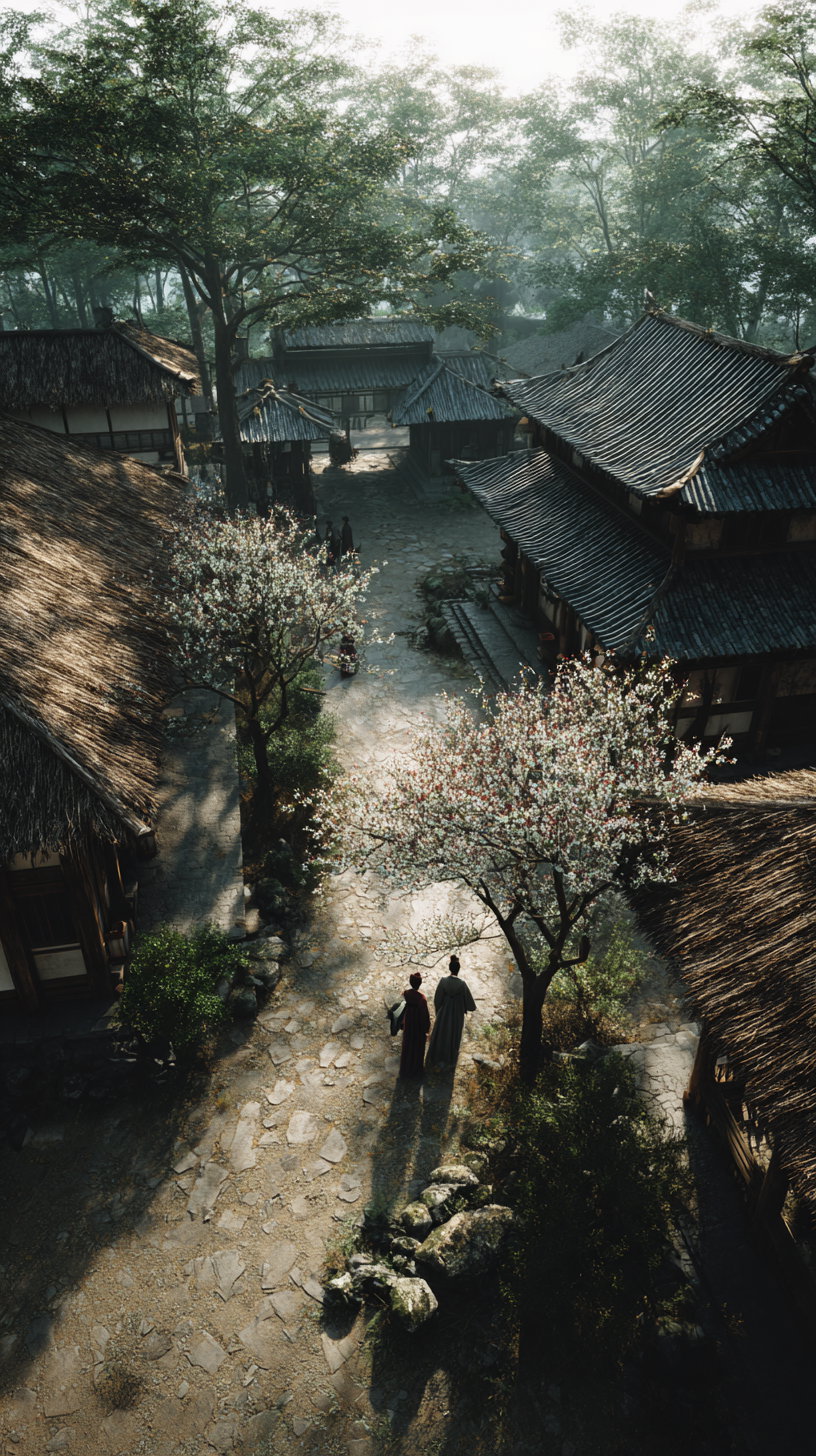 A stone-paved path runs between thatched and tiled roof houses with blooming trees and greenery in soft daylight, showing two traditionally dressed figures casting long shadows.