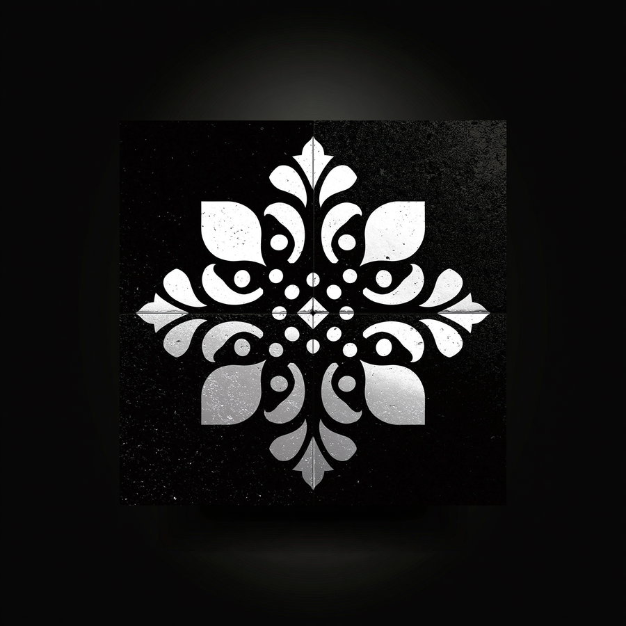 A black square with a white and gray symmetrical floral decorative pattern in the center