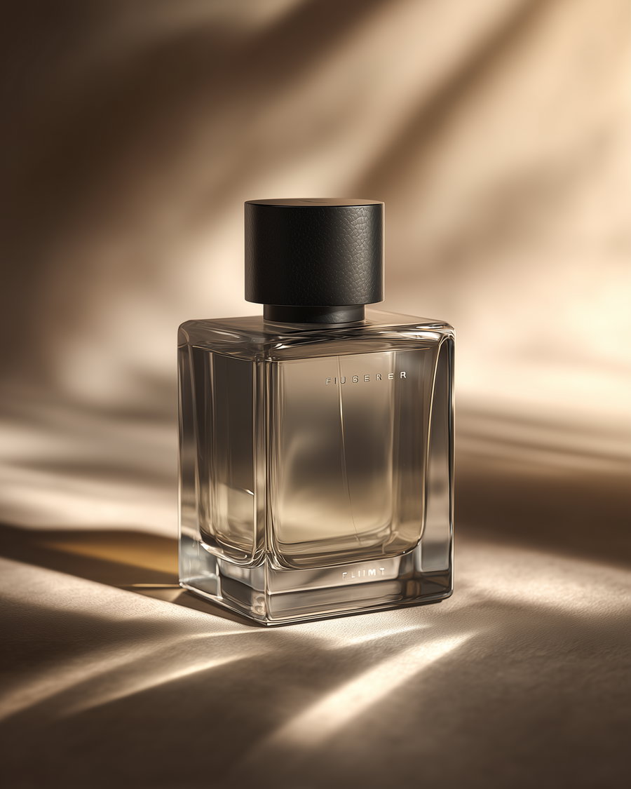 A close-up image of a transparent square perfume bottle with a black cap, placed on textured beige fabric with soft shadows and warm lighting.