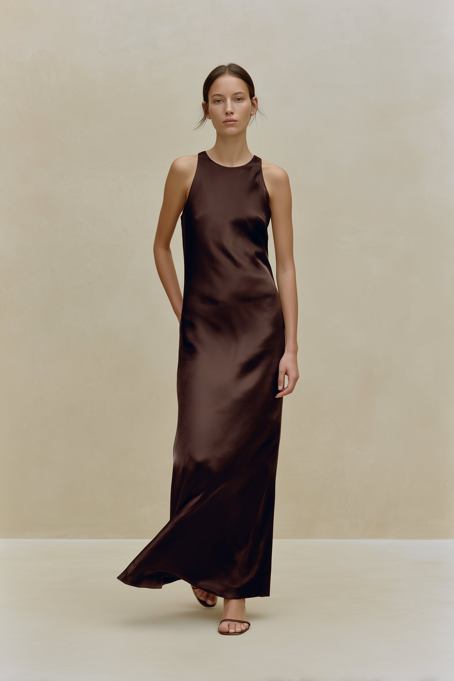 A woman standing wearing a sleeveless long brown satin dress and sandals against a plain beige background