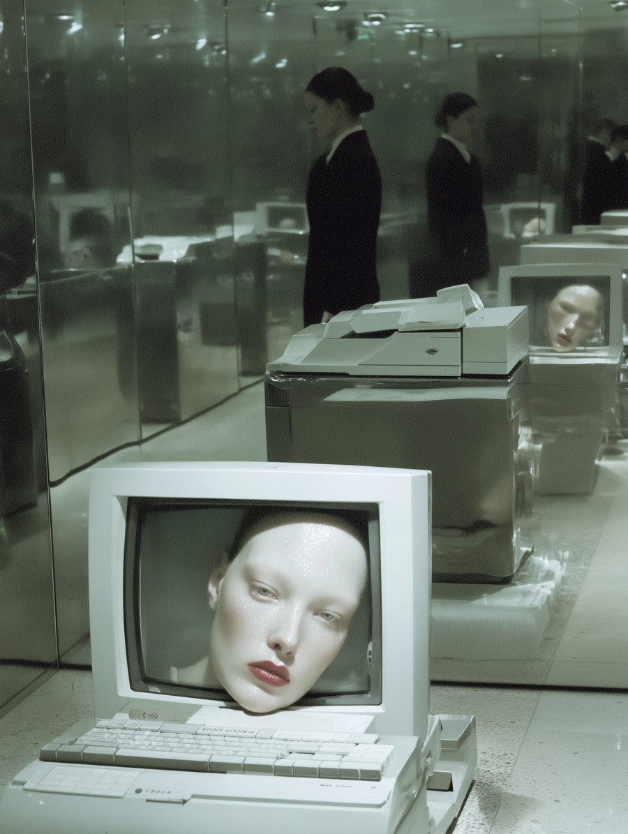 A surreal image of a vintage computer with a human face on the screen placed in a reflective room with mirrored walls and a woman standing in the background.