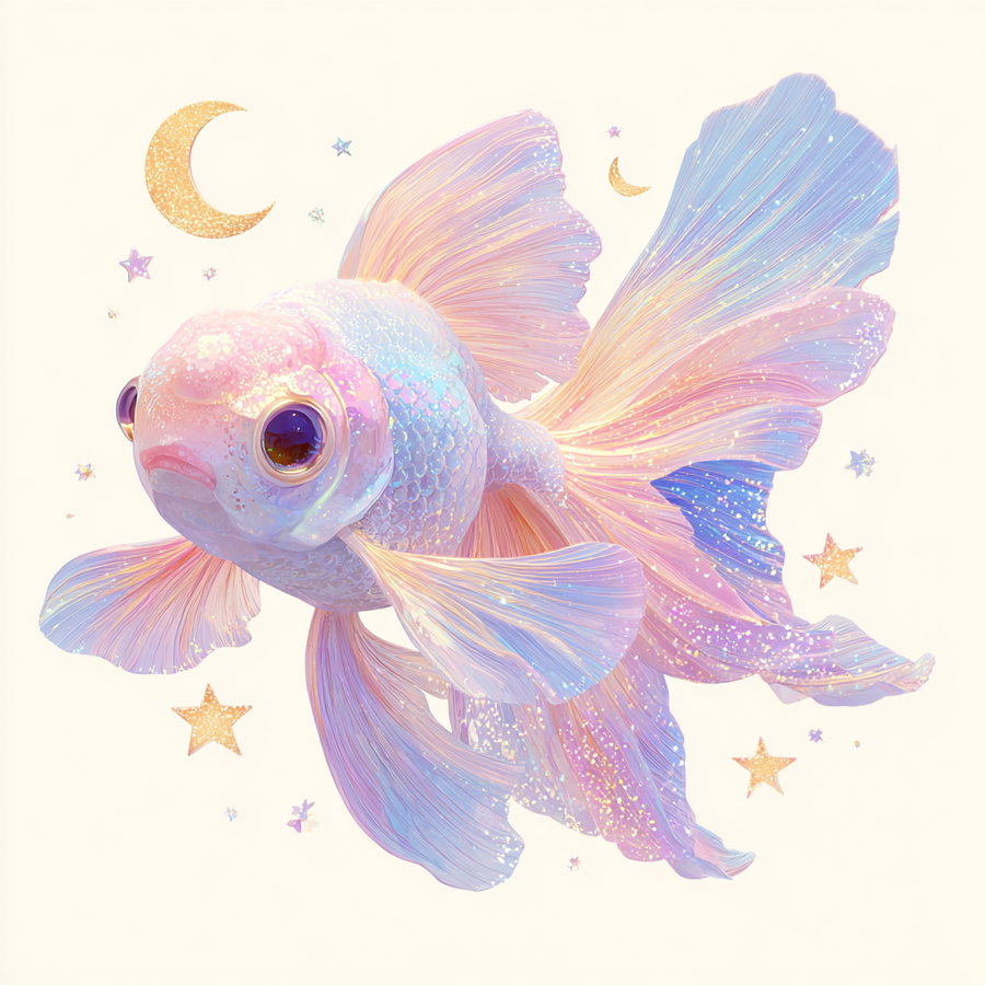 A digitally rendered iridescent goldfish with flowing fins in pastel colors of pink, blue, and purple surrounded by golden crescent moons and sparkling stars on a light background.