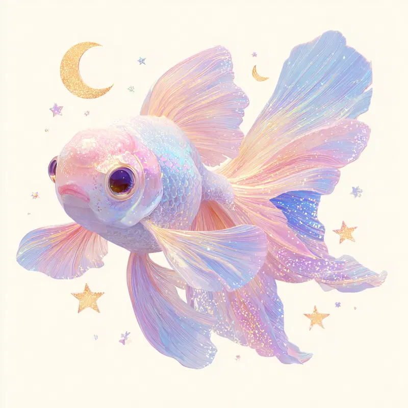 Iridescent pastel goldfish swimming with glittering stars and moons