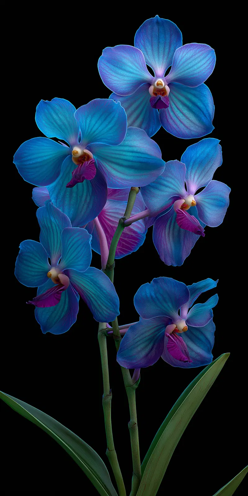 Detailed Blue Orchid Flowers on Black Background for Botanical Art