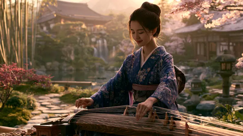 Woman Playing Koto in a Serene Traditional Japanese Garden at Sunset