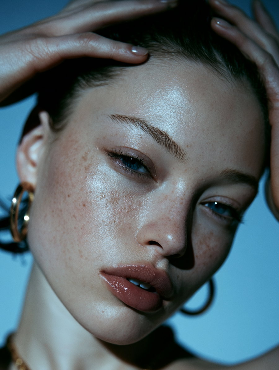 Close-up image of a woman's face with freckled skin, glossy lips, and gold hoop earrings against a blue background