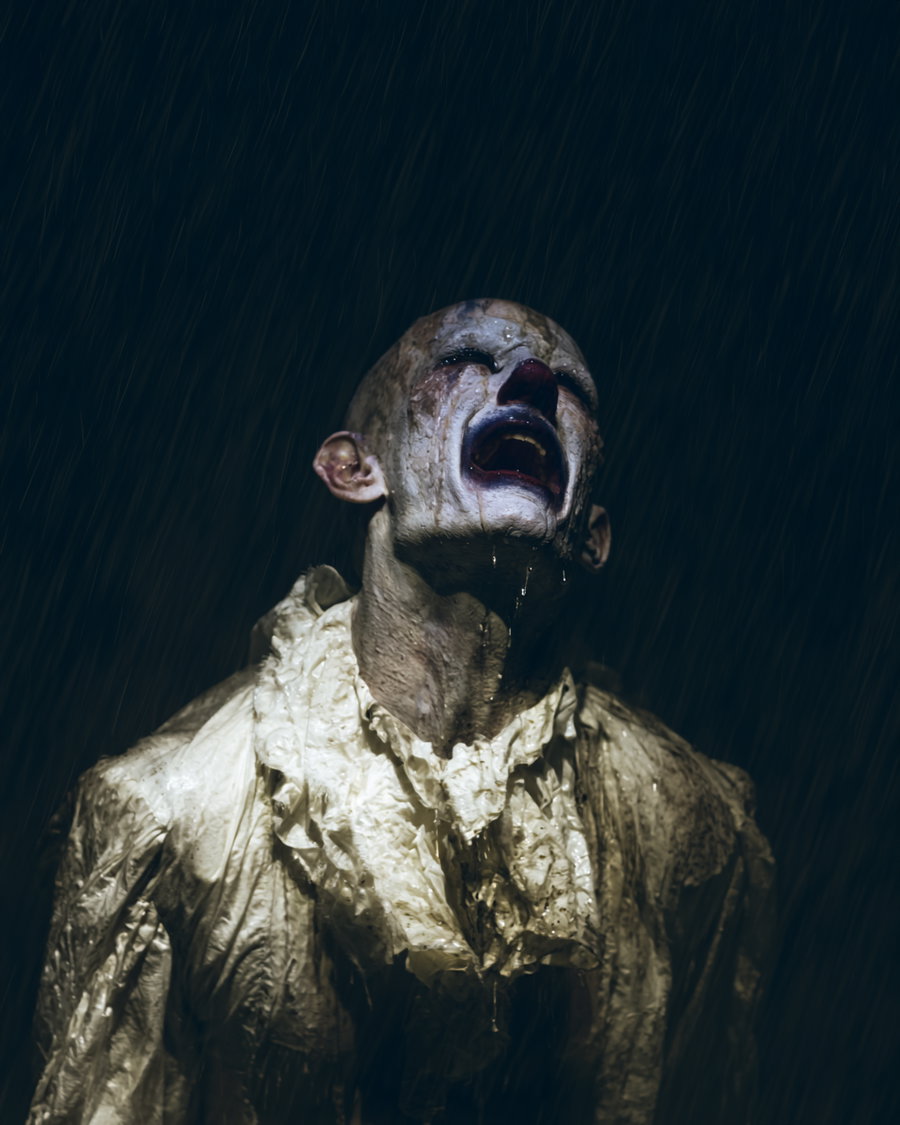 A person dressed as a clown with white makeup, red nose, and crying makeup, looking upwards in the rain wearing a ruffled white shirt and soaked by water