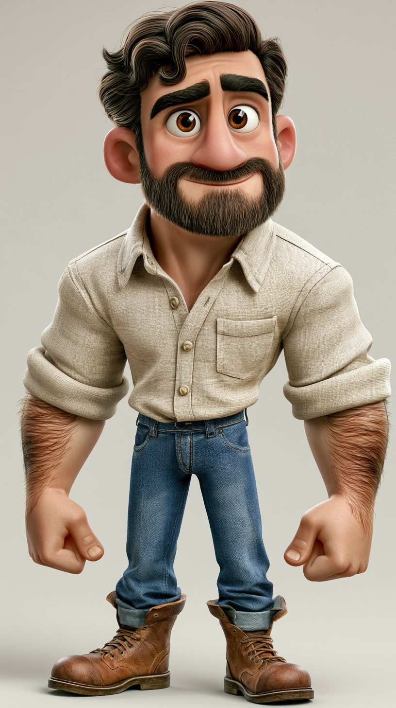 3D cartoon-style character of a man with thick dark hair and beard, wearing a beige buttoned shirt with rolled-up sleeves, blue jeans, and brown boots, standing with fists clenched against a plain background