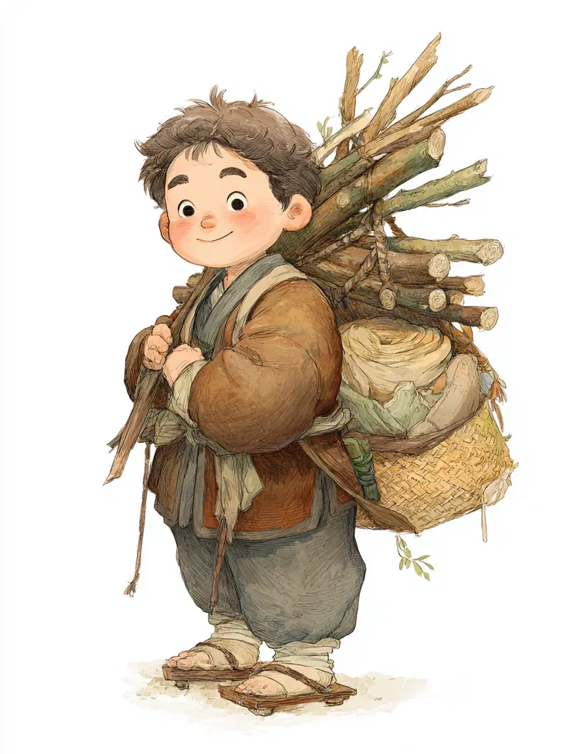 Charming watercolor illustration of a boy carrying firewood and vegetables in traditional attire