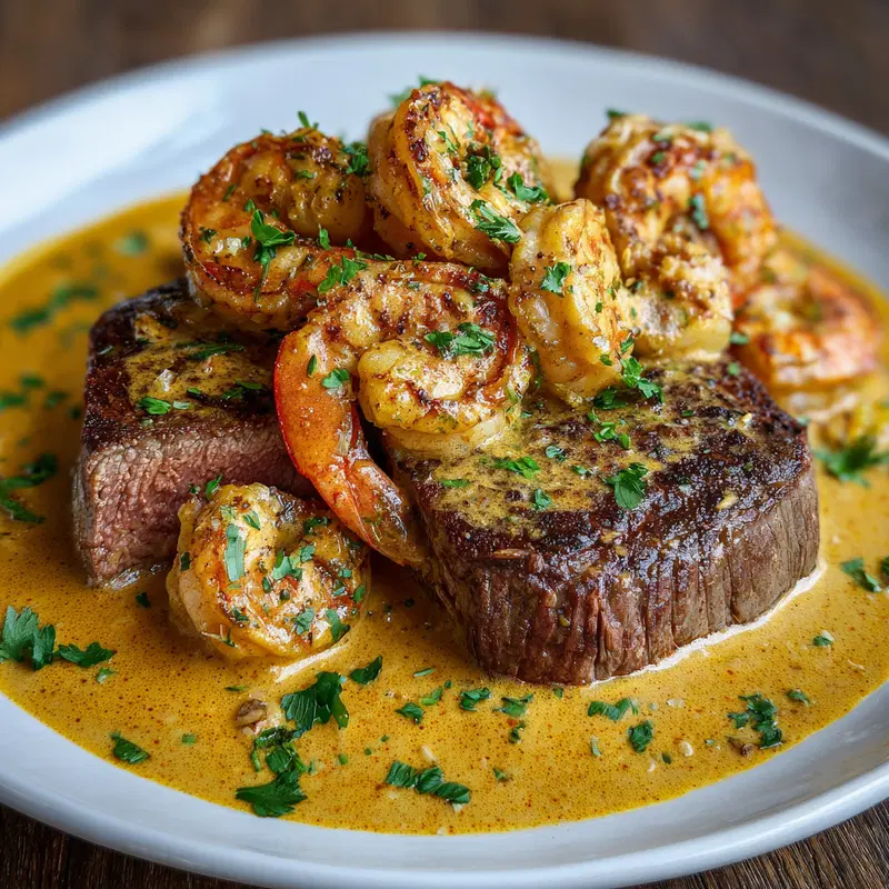 Close-up of a surf and turf dish with grilled shrimp and steak in creamy sauce