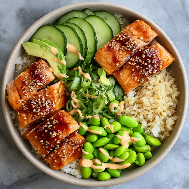 Overhead view of a colorful and fresh salmon poke bowl with edamame and avocado