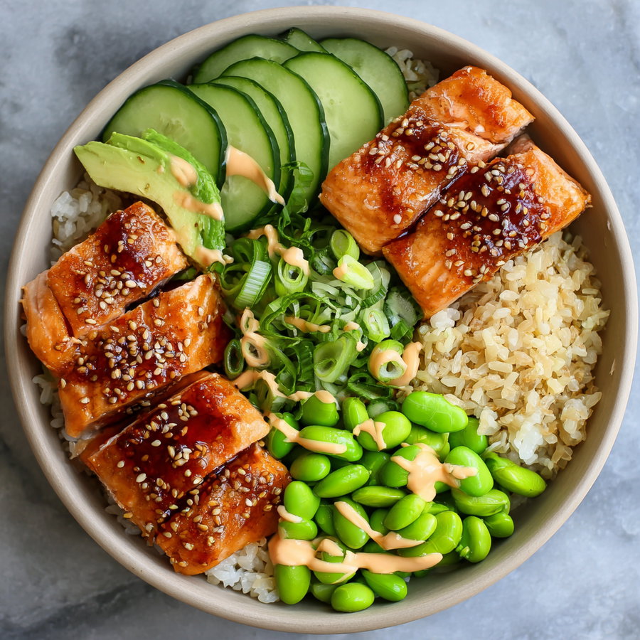 A poke bowl with glazed salmon pieces topped with sesame seeds, sliced cucumber, avocado slices, edamame beans, chopped scallions, and sauce drizzled over rice on a gray surface