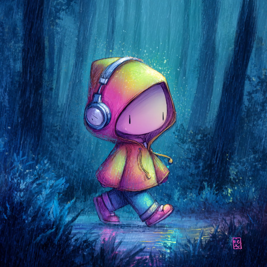 A vibrant digital painting of a small character wearing a colorful hooded jacket and headphones walking along a glowing path in a mystical blue forest