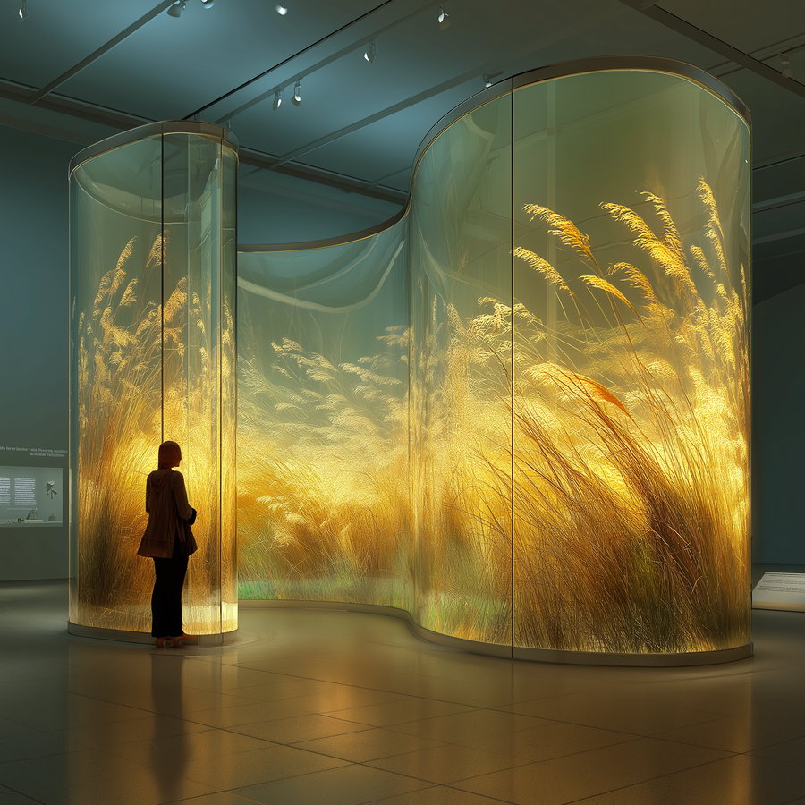 A person standing near a large curved glass installation depicting illuminated tall golden grasses inside a modern gallery space with blue walls and ceiling lights.