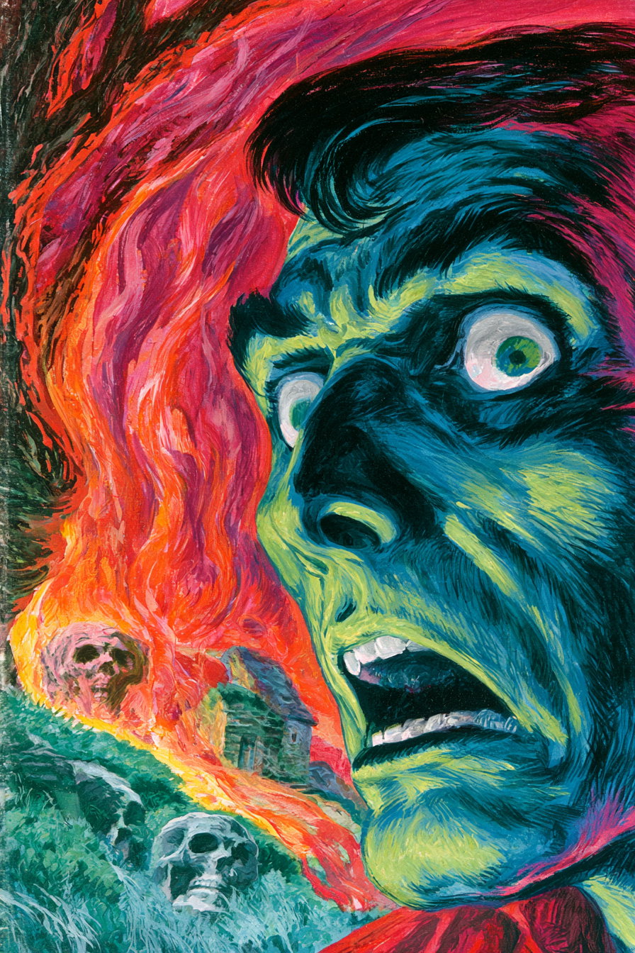 A colorful surreal painting featuring a large terrified face with wide eyes and open mouth, set against a background of a burning house and skull-shaped flames