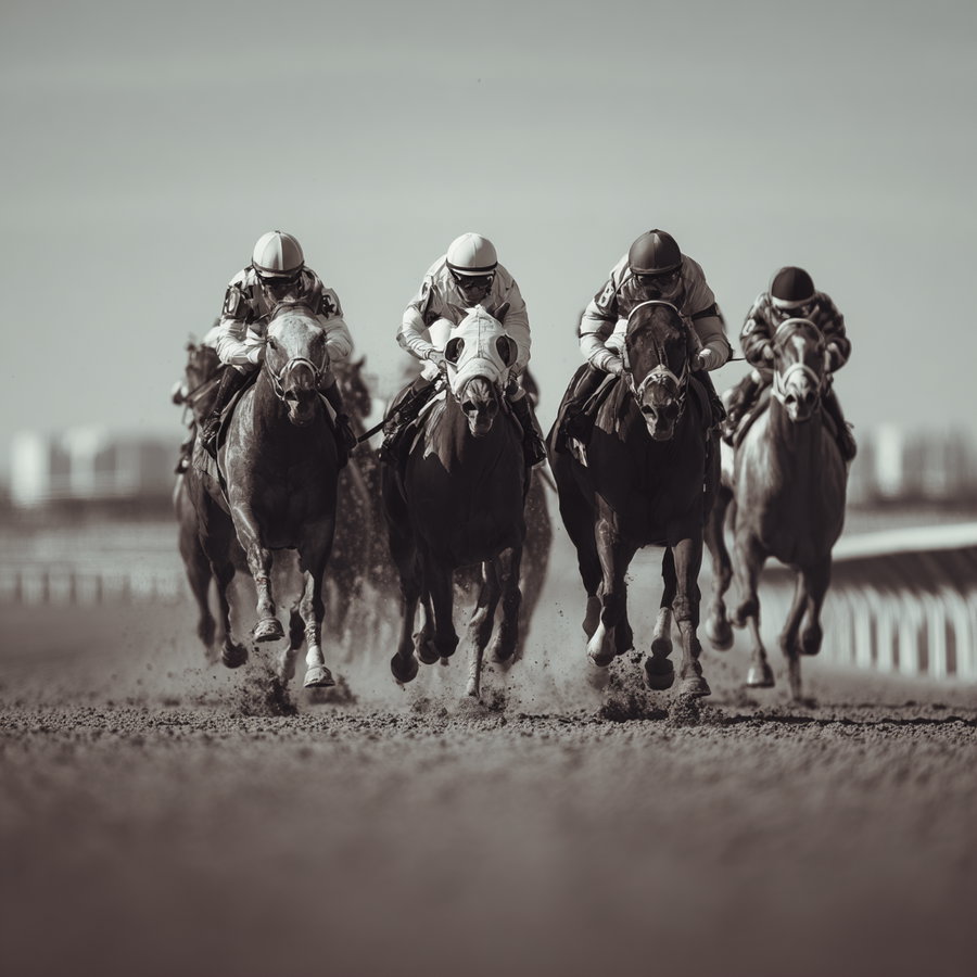 Black and white photo of five jockeys riding horses racing on a dirt track with dust kicking up