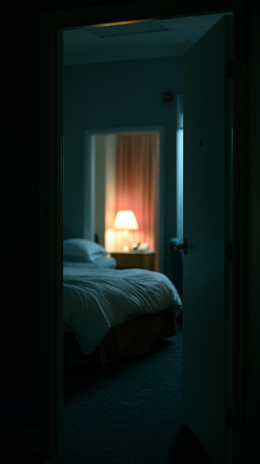 A softly lit bedroom with a warm lamp glow, featuring a bed and curtains.