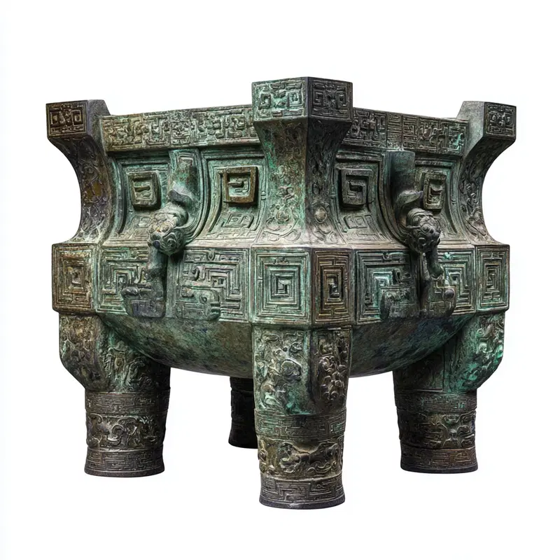 Ancient ornate bronze ritual vessel with intricate pattern and patina
