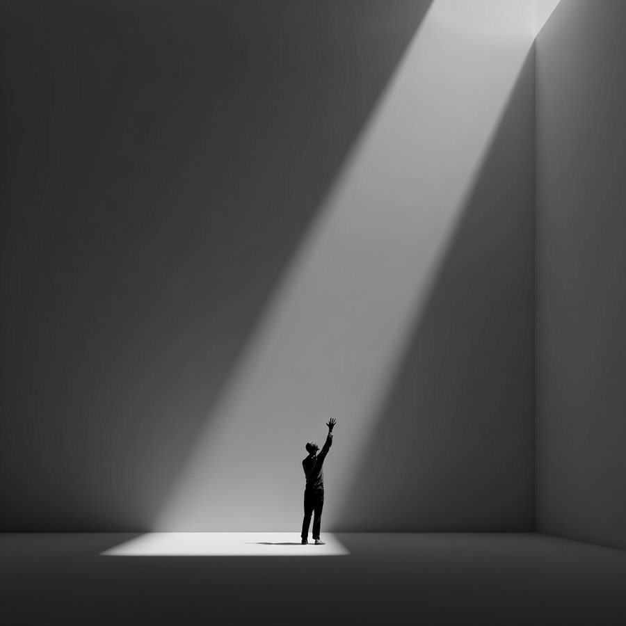 A black and white image showing a person standing alone in a large empty room with a beam of light shining down from above, the person is reaching up toward the light