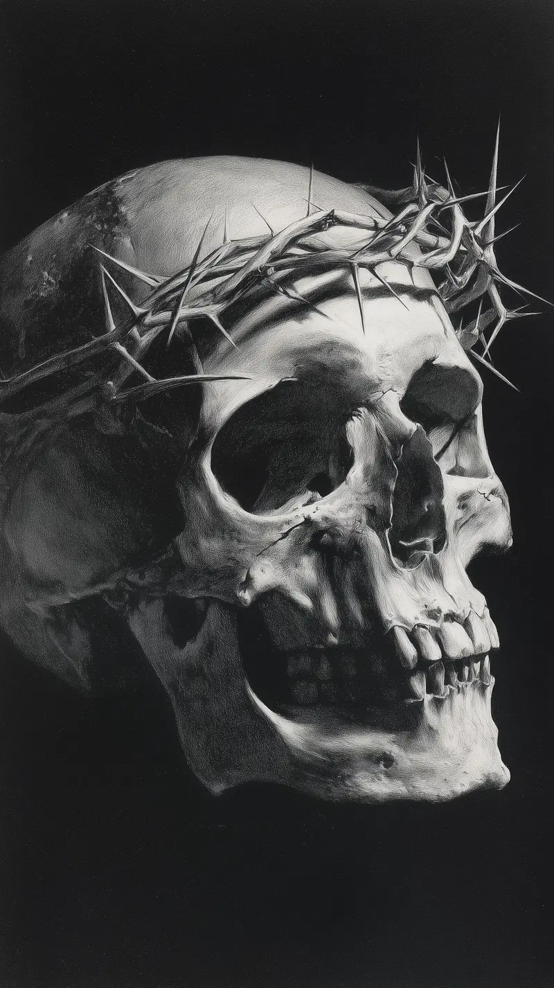 Highly detailed monochrome artwork of a skull with a crown of thorns