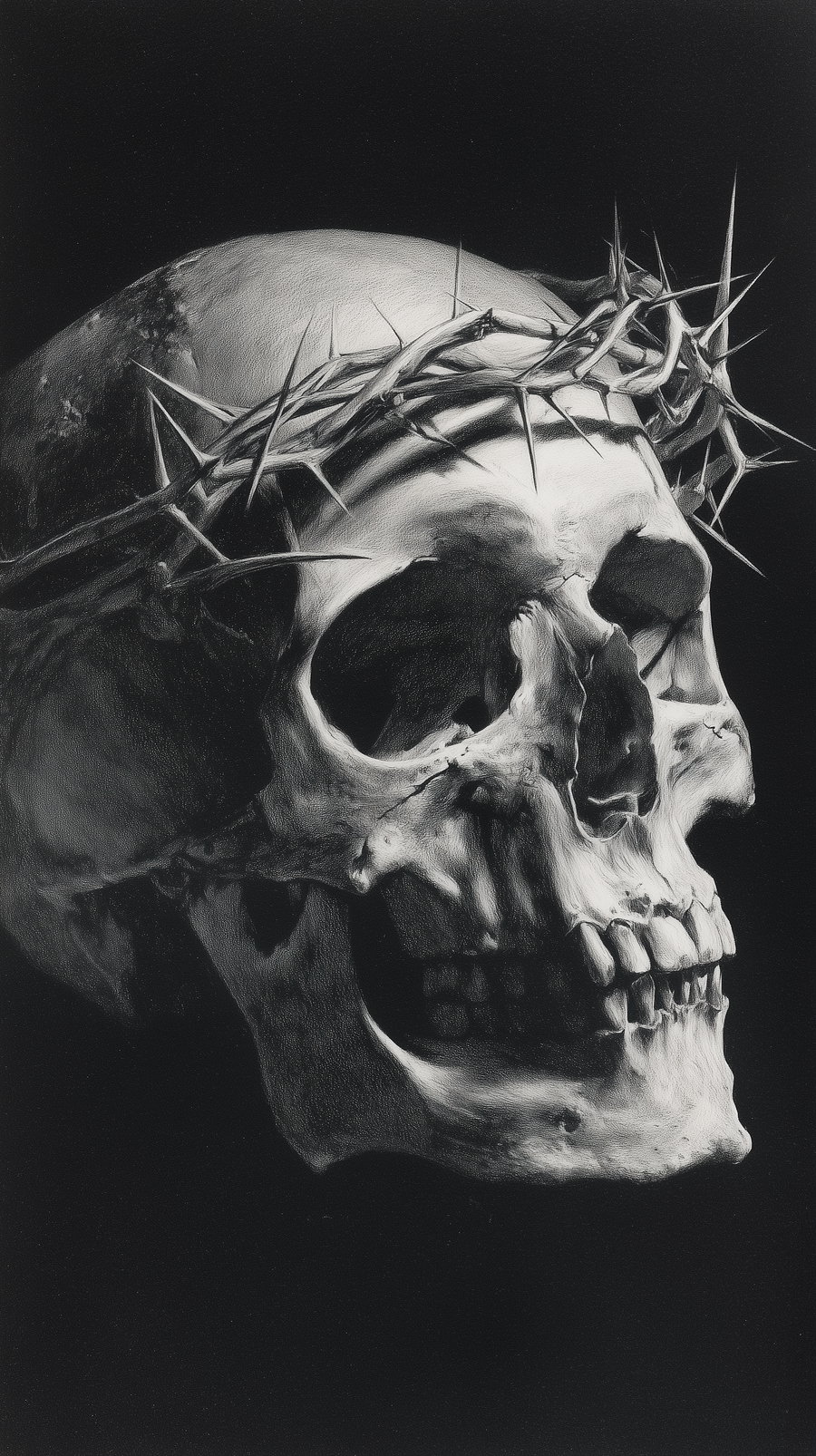 Black and white detailed drawing of a human skull wearing a crown of thorns on a black background