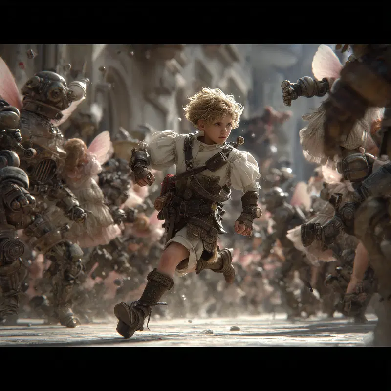 Dramatic scene of a young warrior running through mechanical soldiers with fairy-like wings