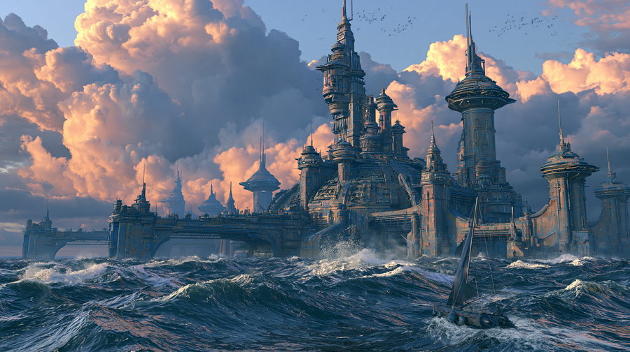 A large futuristic architectural castle on the ocean with multiple tall towers under dramatic clouds, turbulent waves in the water, and a small sailboat navigating the sea.