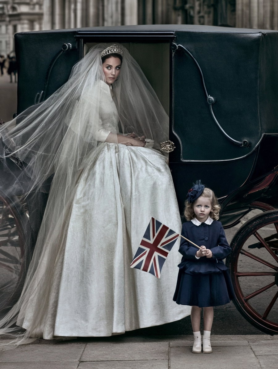 A woman in an elegant vintage bridal gown and veil sitting in a black horse carriage, with a young girl standing beside holding a British flag, dressed in a dark outfit with a matching hat.