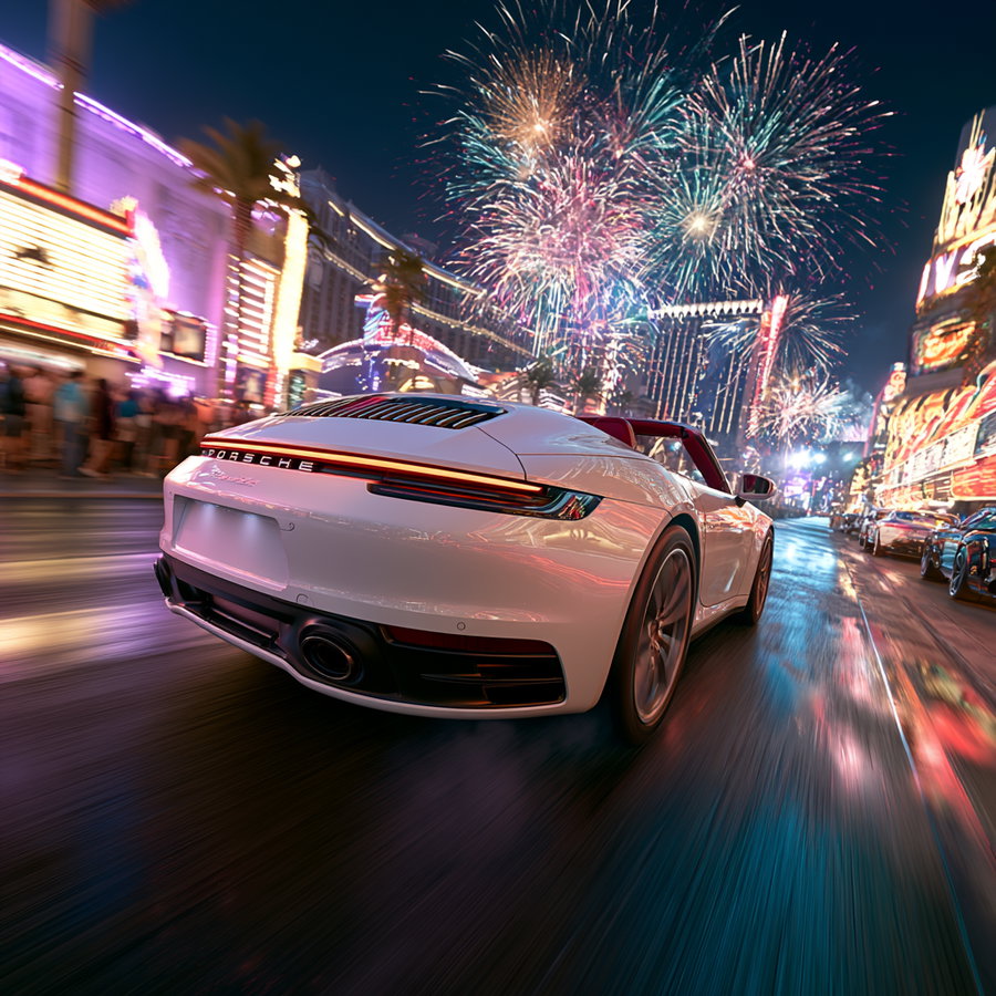 A white Porsche convertible driving at night on a wet city street with bright neon lights and colorful fireworks exploding in the sky above.