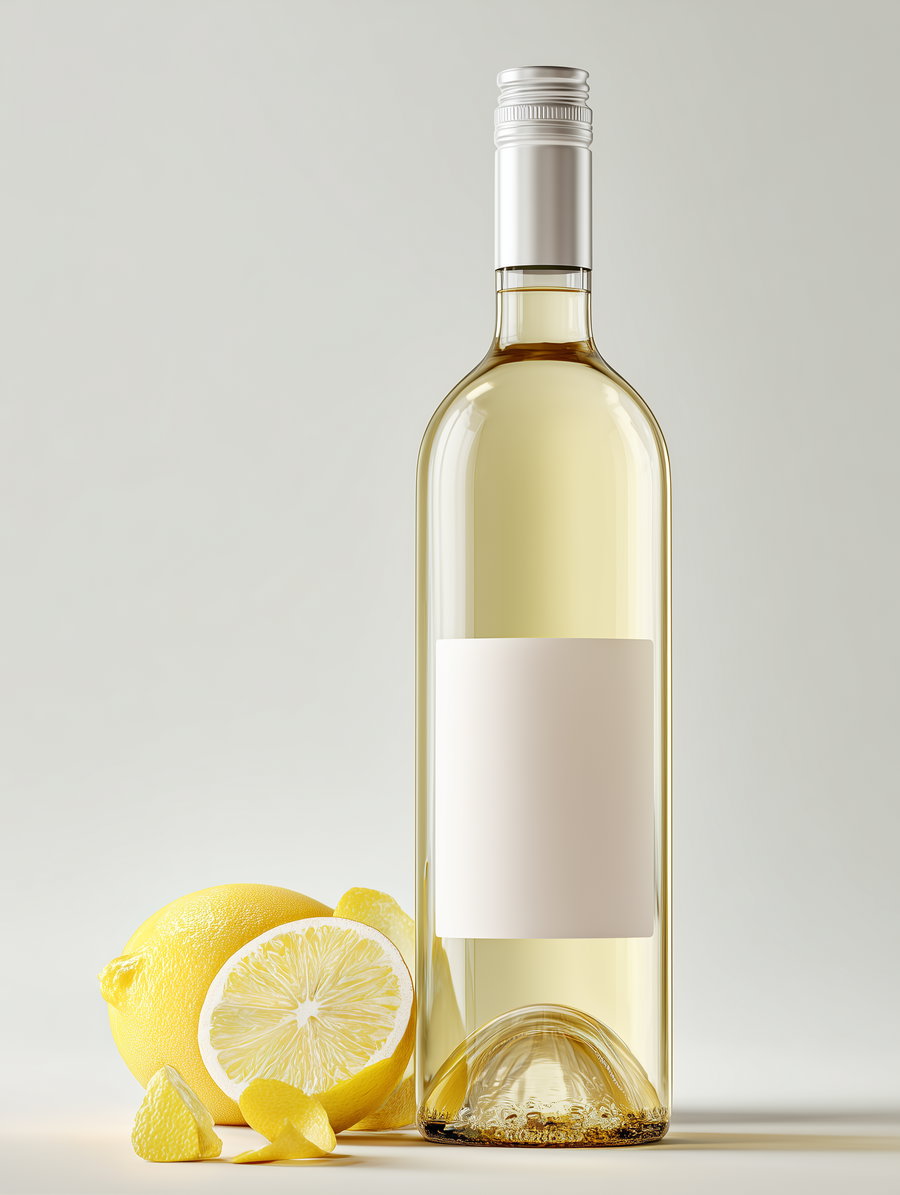 A clear bottle with a blank label containing a pale yellow liquid, beside whole and sliced lemons and lemon peels on a light surface with a plain background