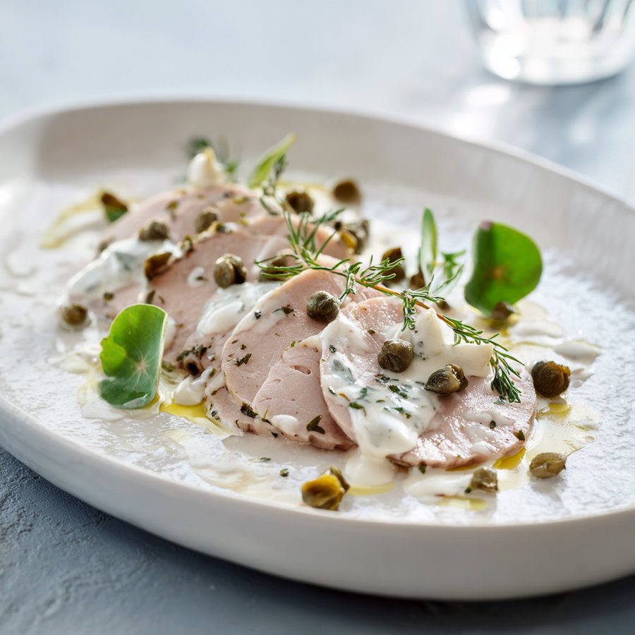 Close-up of a white ceramic plate with thinly sliced meat drizzled with creamy herb sauce, green capers, and garnished with sprigs of fresh herbs and leaves