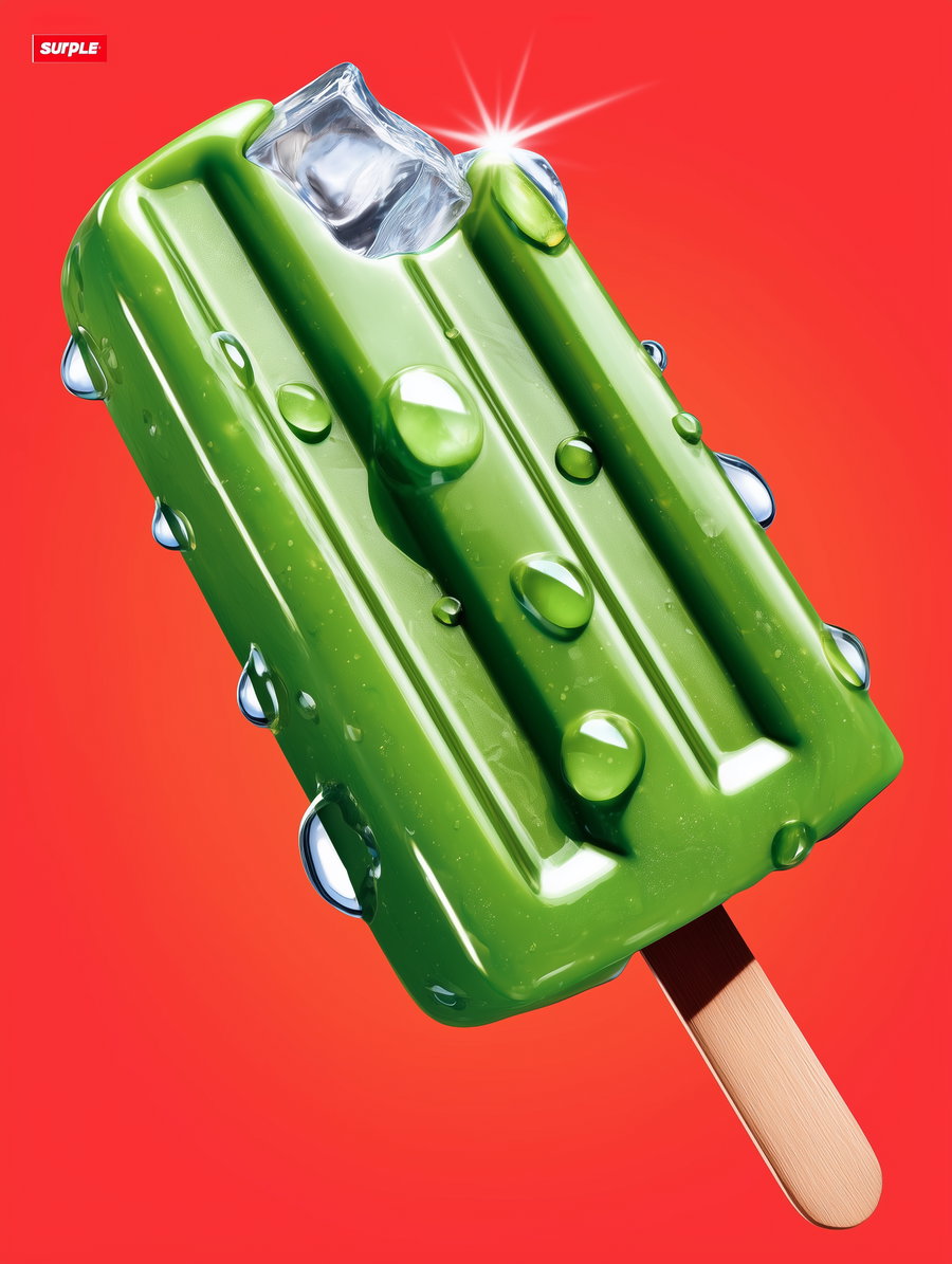 A green ice cream bar on a wooden stick with water droplets and an ice cube on top set against a bright red background.