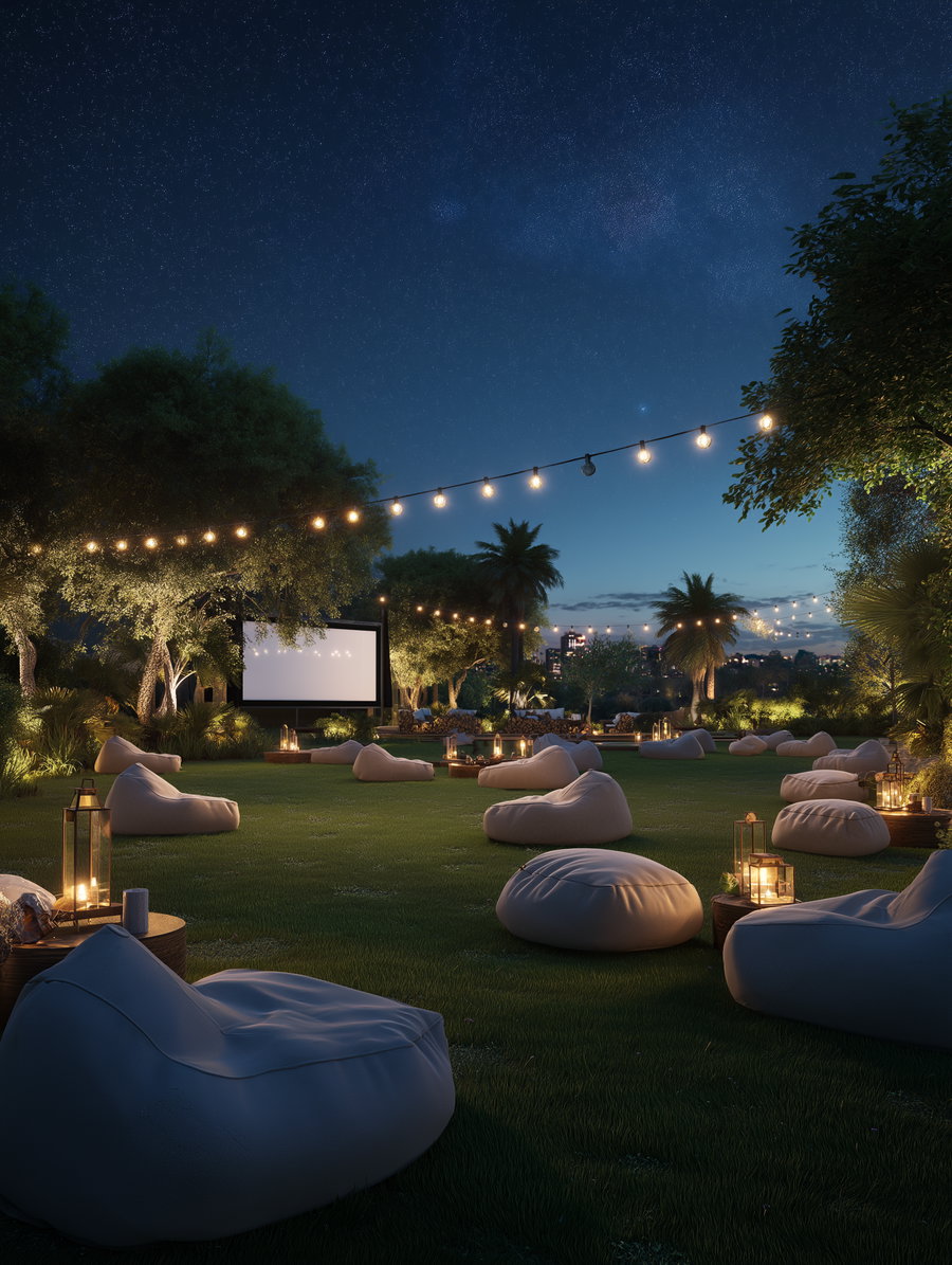 Outdoor grassy area at night with numerous white bean bags arranged facing a blank movie screen, surrounded by string lights hanging overhead and lanterns placed on small wooden tables, with trees and city lights in the background