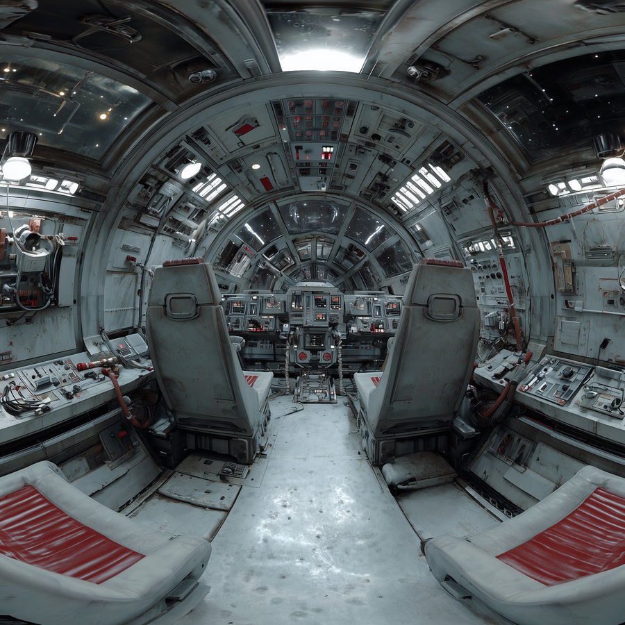 Interior view of a vintage spaceship cockpit with two main pilot seats, multiple control panels, switches, and screens in a worn and weathered condition
