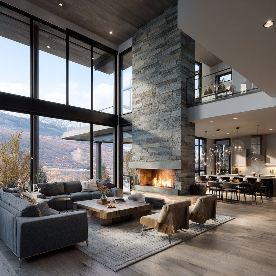 Spacious living room with large floor-to-ceiling windows overlooking mountains, stone fireplace, modern gray sectional sofa, wooden coffee table, two brown lounge chairs, and open kitchen with pendant lights