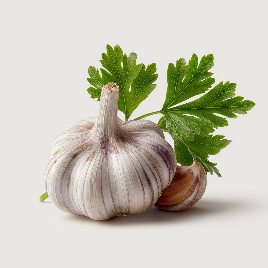 A bulb of garlic with purple stripes, one clove separated, and sprigs of fresh green parsley on a plain white surface