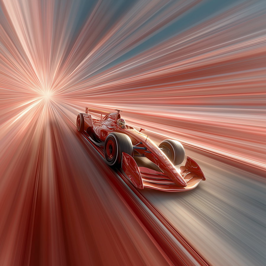 A red race car speeding forward with blurred red and blue light streaks radiating from the background creating a sense of extreme speed.