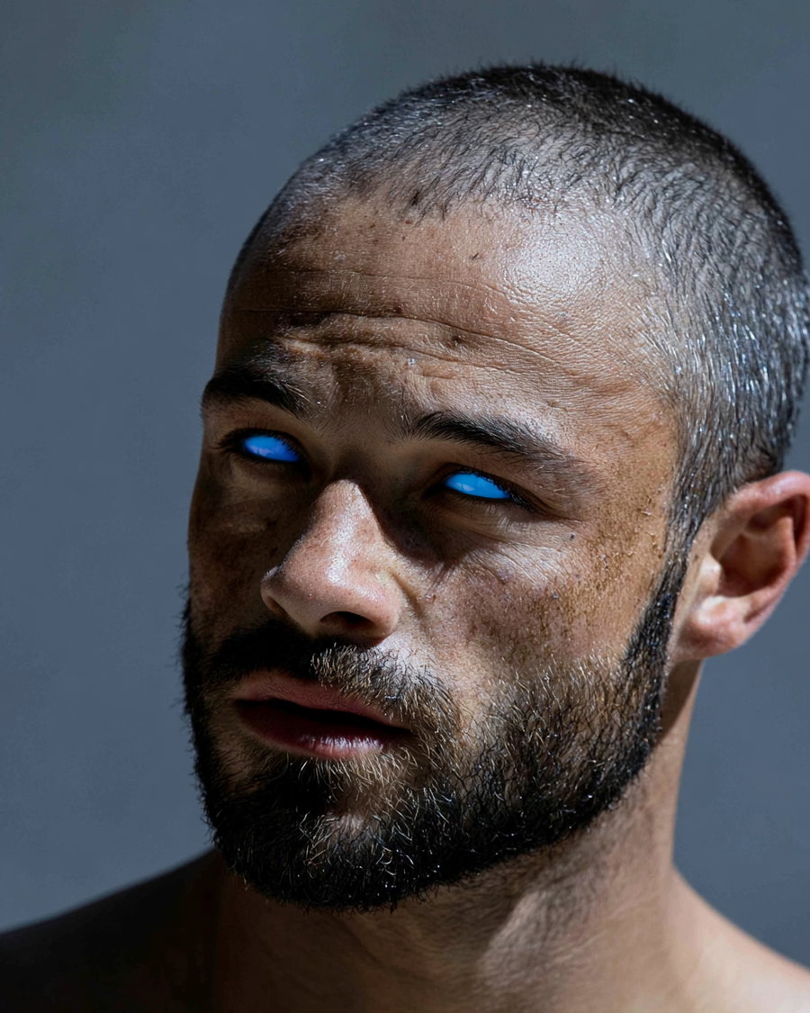 Close-up of a man's face with short hair and beard, illuminated to show skin texture, with blue glowing eyes against a gray background