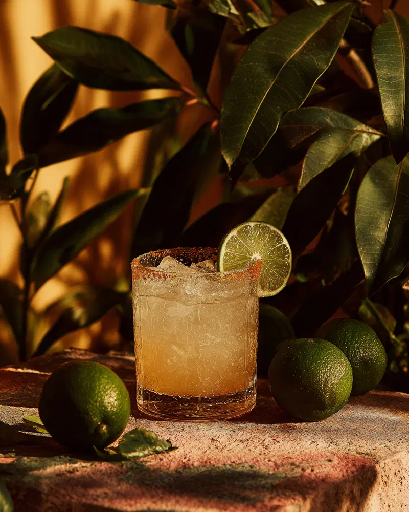 Warm tone photo of a cocktail with limes and leafy background in natural light