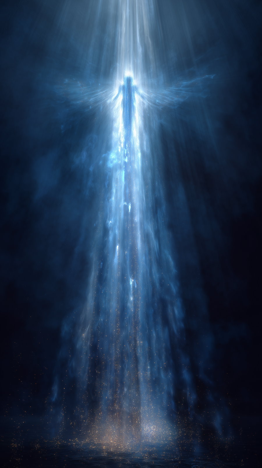 A glowing angelic figure with wings appears to be descending through a beam of mystical blue light surrounded by particles and mist in a dark background